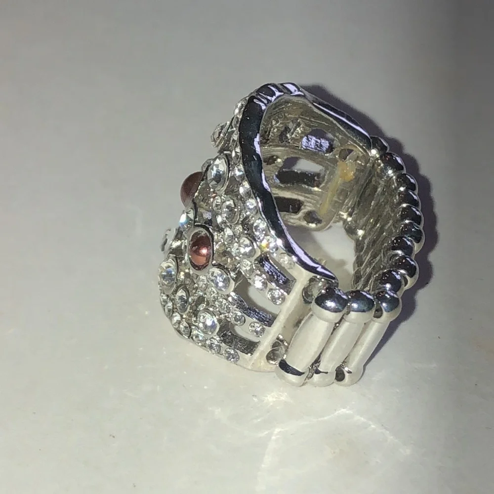 Rhinestone and Faux Pearl Accent Wide Band Ring - Silver Tone